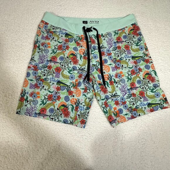 Avid Fishing Swim Trunks Mens Waist 38 Colorful Floral Fish Seafoam Iconic Print - Picture 1 of 11